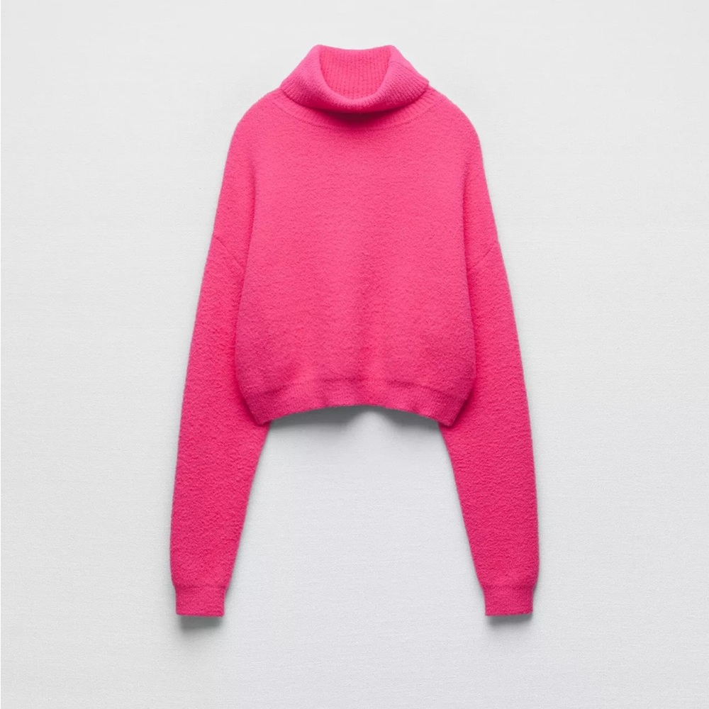 Zara Cropped Turtleneck Sweater - bright pink